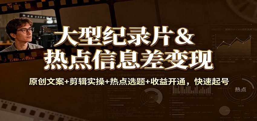 大型纪录片&热点信息差变现：原创文案+剪辑实操+热点选题+收益开通，快速起号-轻创星球网