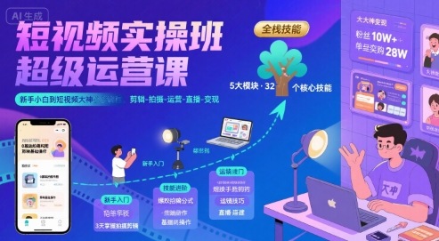 短视频实操班超级运营课，新手小白到短视频大神必修课程，剪辑-拍摄-运营-直播-变现-轻创星球网