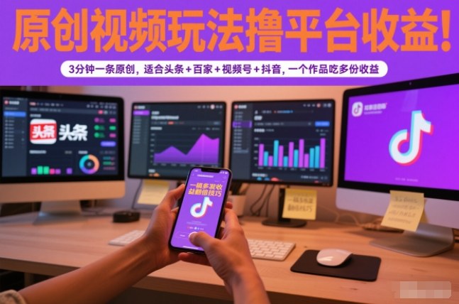原创视频玩法撸平台收益，3分钟一条原创，适合头条+百家+视频号+抖音，一个作品吃多份收益-轻创星球网