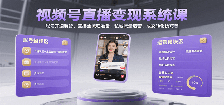 视频号直播变现系统课，账号开通装修、直播全流程准备、私域流量运营、成交转化技巧等-轻创星球网