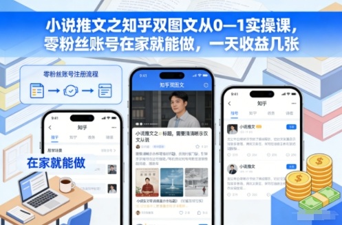小说推文之知乎双图文从0—1实操课，零粉丝账号在家就能做，一天收益几张-轻创星球网