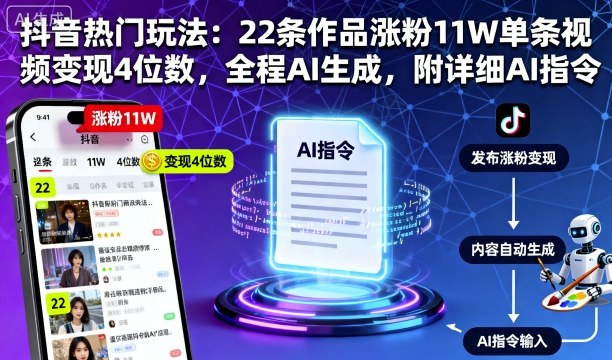 抖音热门玩法：22条作品涨粉11W单条视频变现4位数，全程AI生成，附详细AI指令-轻创星球网