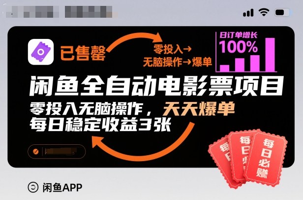 闲鱼全自动电影票项目，零投入无脑操作，天天爆单，每日稳定收益3张【揭秘】-轻创星球网