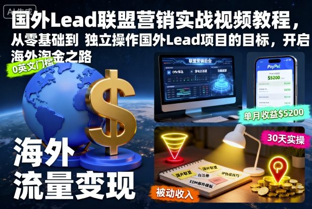 国外Lead联盟营销实战视频教程，从零基础到独立操作国外Lead项目的目标，开启海外淘金之路-轻创星球网