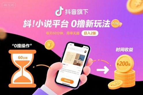 抖音旗下小说平台0撸新玩法，每天挂G60分钟，简单无脑，日入2张【揭秘】-轻创星球网