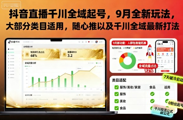 抖音直播千川全域起号，9月全新玩法，大部分类目适用，随心推以及千川全域最新打法-轻创星球网