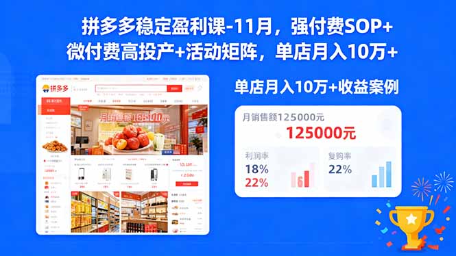 拼多多稳定盈利课-11月，强付费SOP+微付费高投产+活动矩阵，单店月入10万+-轻创星球网