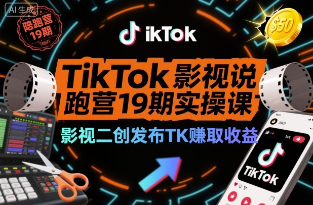TikTok影视解说陪跑营19期实操课，影视二创发布TK賺取收益，万播收益50美金-轻创星球网