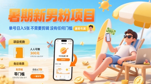 暑期新男粉项目 单号日入5张 不需要剪辑  没有任何门槛-轻创星球网