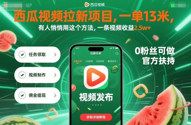 西瓜视频拉新项目，一单13米，有人悄悄用这个方法，一条视频收益2.5w+(附详细教程)-轻创星球网