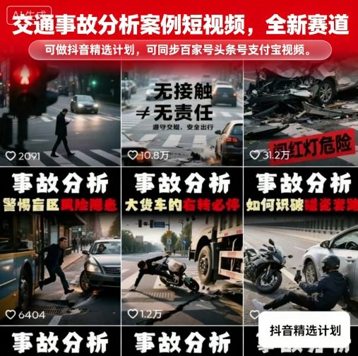 交通事故分析案例短视频，全新赛道，可做抖音精选计划，可同步百家号头条号支付宝视频号平台-轻创星球网