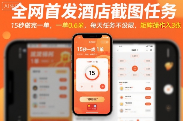 全网首发酒店截图任务，15秒做完一单，一单0.6米，每天任务不设限，矩阵操作日入3张【揭秘】-轻创星球网