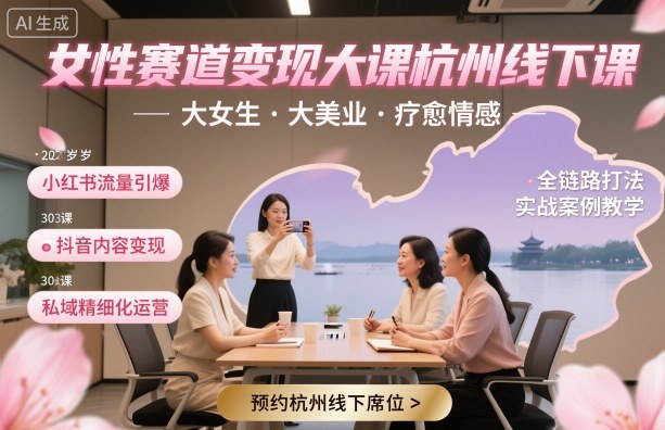 女性赛道变现大课杭州线下，大女生，大美业，疗愈情感，一套小红书、抖音、私域全链路打法-轻创星球网