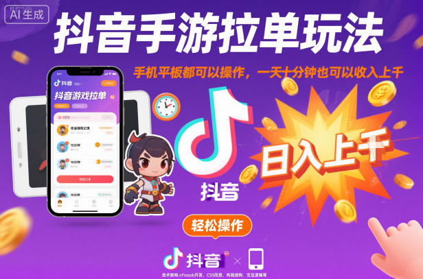 抖音手游拉单玩法，手机平板都可以操作，一天十分钟也可以收入上K【揭秘】-轻创星球网