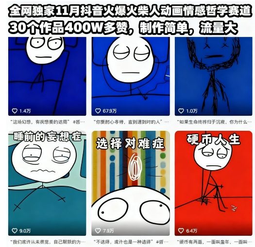 全网独家11月抖音火爆火柴人动画情感哲学赛道，30个作品400W多赞，制作简单，流量大【教学+素材】-轻创星球网