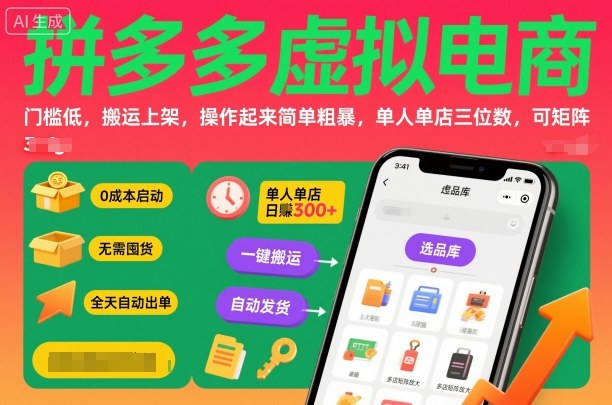 拼多多虚拟电商，门槛低，搬运上架，操作起来简单粗暴，单人单店三位数，可矩阵-轻创星球网