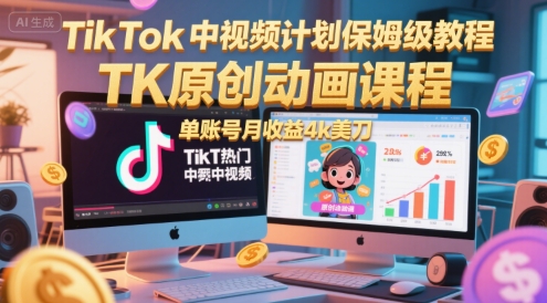 TikTok中视频计划保姆级教程，TK原创动画课程，单账号月收益4k美刀-轻创星球网