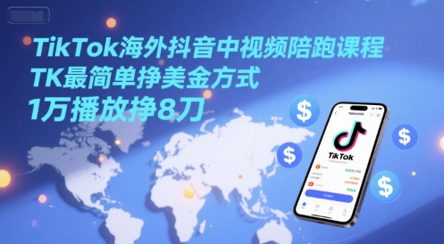 TikTok海外抖音中视频陪跑课程，TK最简单挣美金方式，1万播放挣8刀-轻创星球网