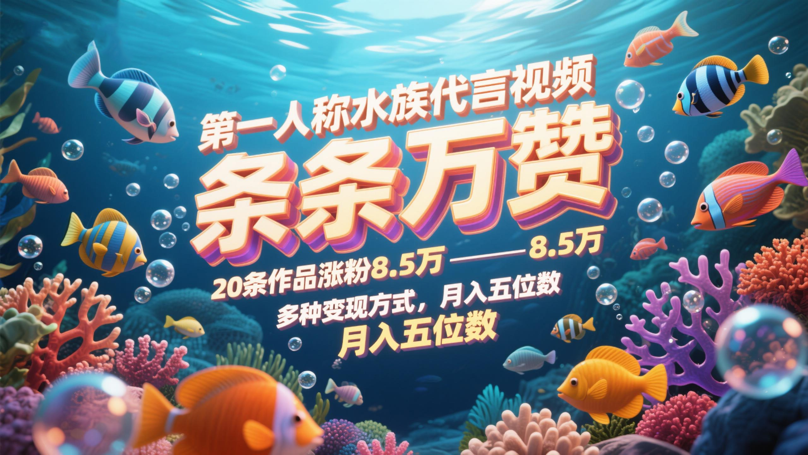 第一人称水族代言视频，条条万赞，20条作品涨粉8.5万，多种变现方式月，入五位数-轻创星球网