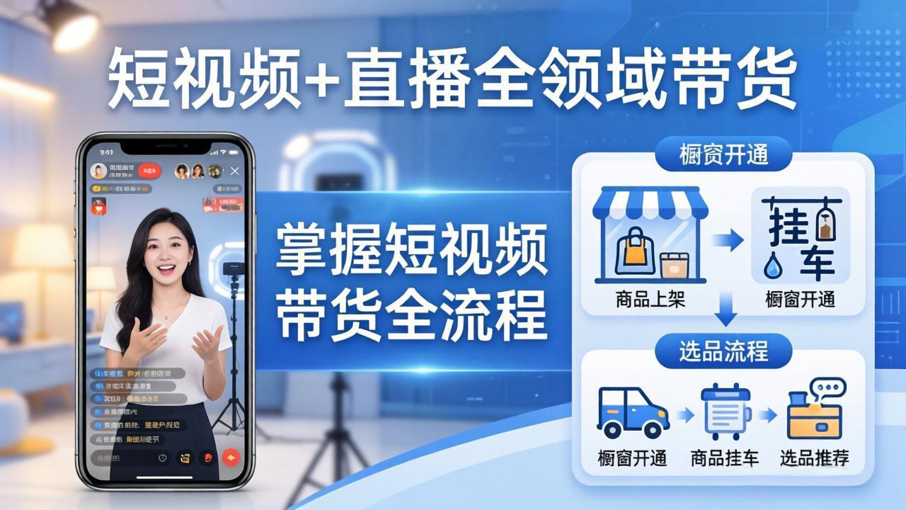 短视频+直播全领域带货-更新：掌握橱窗开通、挂车、选品、爆款文案改编等短视频带货全流程-轻创星球网