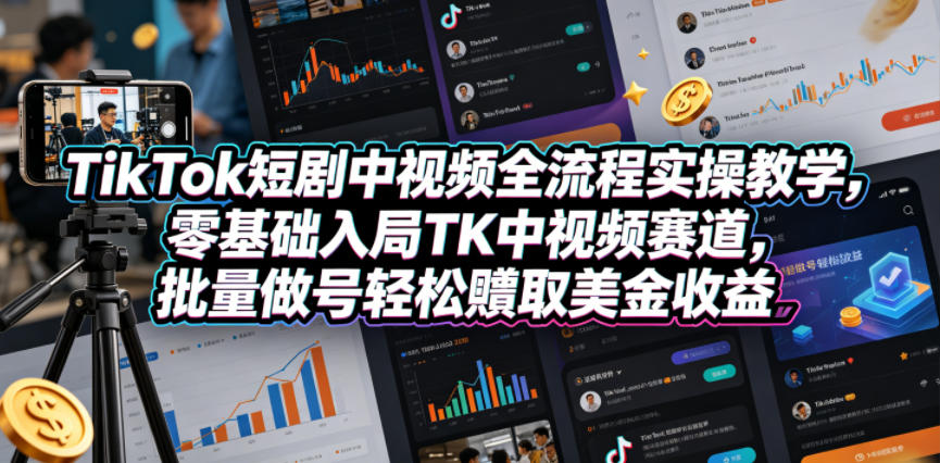 TikTok短剧中视频全流程实操教学，零基础入局TK中视频赛道，批量做号轻松賺取美金收益-轻创星球网