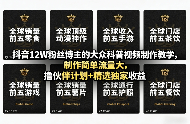 抖音12W粉丝博主的大众科普视频制作教学，制作简单流量大，撸伙伴计划+精选独家收益-轻创星球网