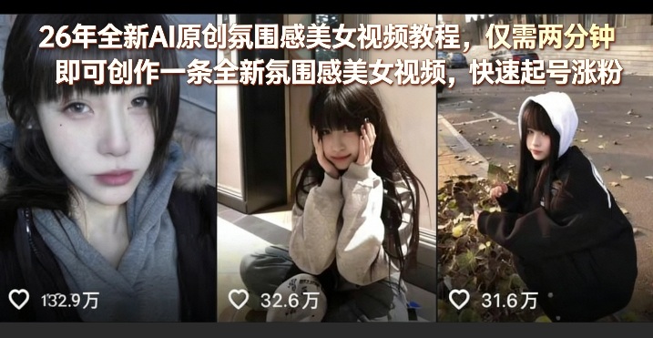 26年全新AI原创氛围感美女视频教程，仅需两分钟即可创作一条全新氛围感美女视频，快速起号涨粉-轻创星球网
