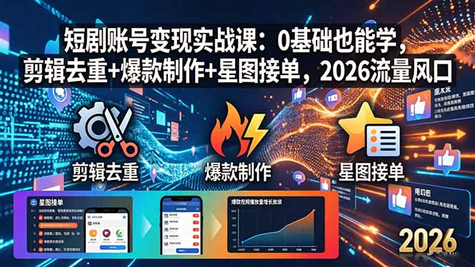 短剧账号变现实战课：0基础也能学，剪辑去重+爆款制作+星图接单，2026流量风口-轻创星球网