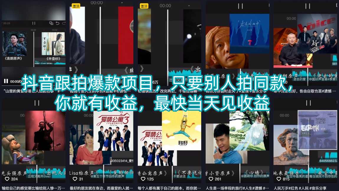 抖音跟拍爆款项目，只要别人拍同款，你就有收益，最快当天见收益-轻创星球网