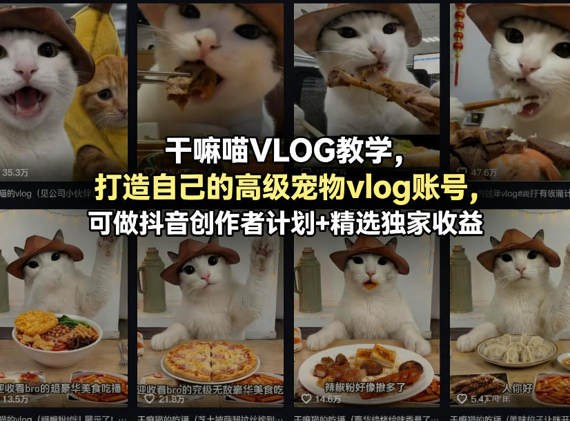 干嘛喵VLOG教学，打造自己的高级宠物vlog账号，可做抖音创作者计划+精选独家收益-轻创星球网