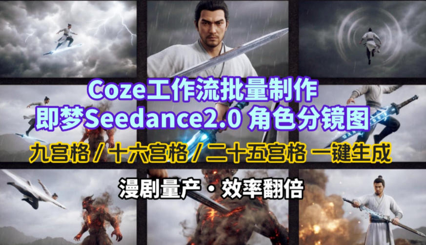 Coze工作流批量制作即梦Seedance2.0角色分镜图，九宫格-十六宫格-二十五宫格一键生成，漫剧量产，效率翻倍-轻创星球网