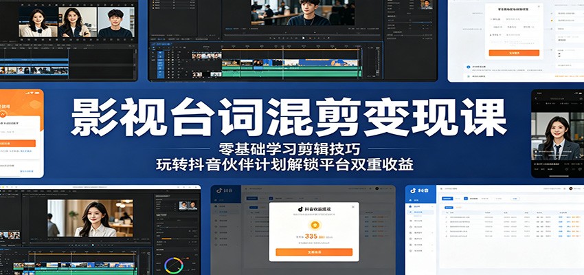 影视台词混剪变现课：零基础学习剪辑技巧，玩转抖音伙伴计划解锁平台双重收益-轻创星球网