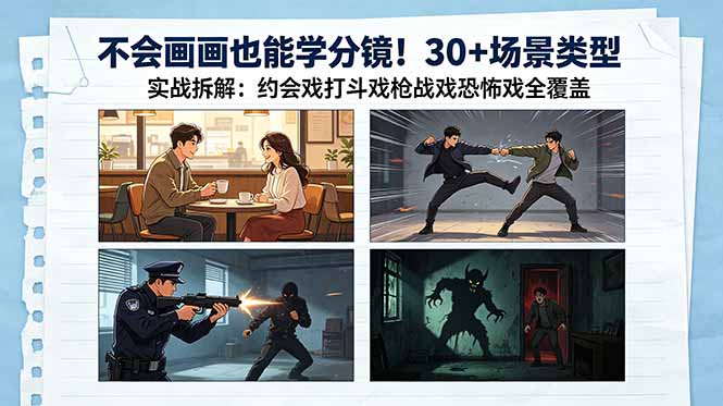不会画画也能学分镜！30+场景类型实战拆解：约会戏打斗戏枪战戏恐怖戏全覆盖-轻创星球网