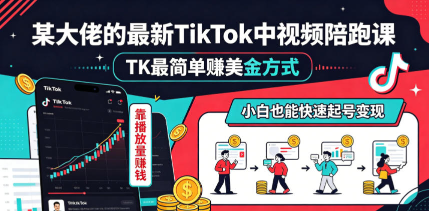 某大佬的最新TikTok中视频陪跑课，TK最简单賺美金方式，靠播放量賺钱，小白也能快速起号变现-轻创星球网