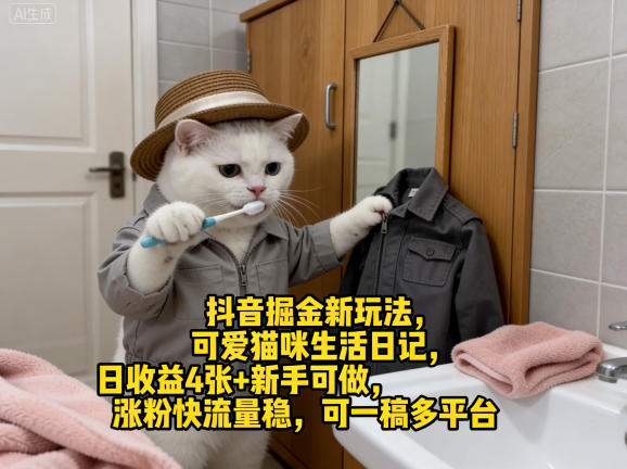 抖音掘金新玩法，可爱猫咪生活日记，日收益4张+新手可做，涨粉快流量稳，可一稿多平台-轻创星球网