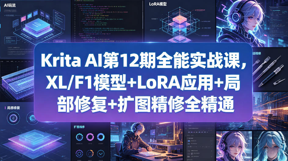 Krita AI第12期全能实战课,XL/F1模型+LoRA应用+局部修复+扩图精修全精通