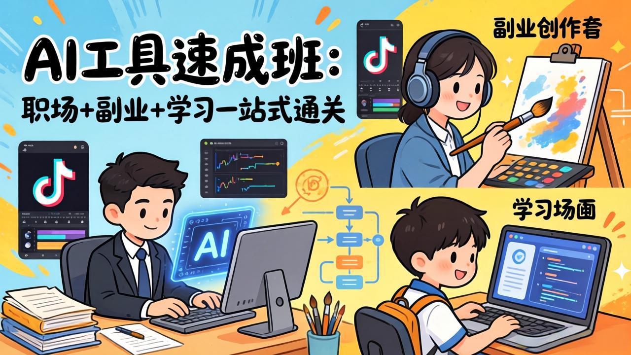 AI工具速成班：职场+副业+学习一站式通关，20+爆款类型+剪映技巧+抖音算法，0基础快速上手-轻创星球网