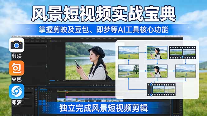 风景短视频实战宝典：掌握剪映及豆包、即梦等AI工具的核心功能，独立完成风景短视频剪辑-轻创星球网