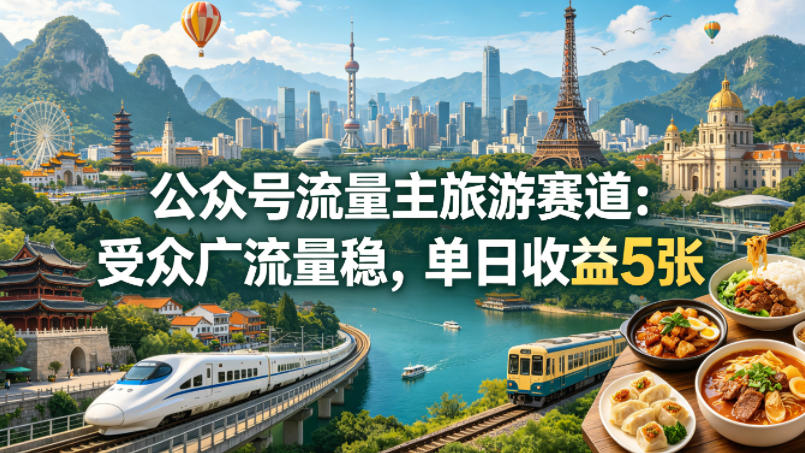 公众号流量主之旅游赛道，受众广+流量稳，平均单日收益5张+-轻创星球网