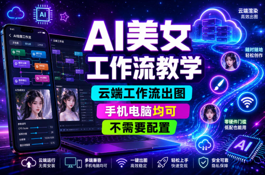 AI美女工作流教学，云端工作流出图，手机电脑均可，不需要配置，快速起号涨粉-轻创星球网