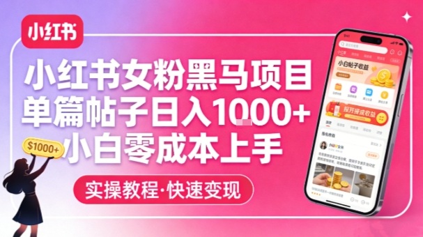 小红书女粉黑马项目，单篇帖子日入1k+，小白零成本上手-轻创星球网