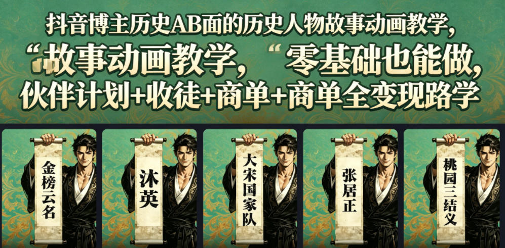 抖音博主历史AB面的历史人物故事动画教学，零基础也能做，伙伴计划+收徒+商单全变现路径教学-轻创星球网
