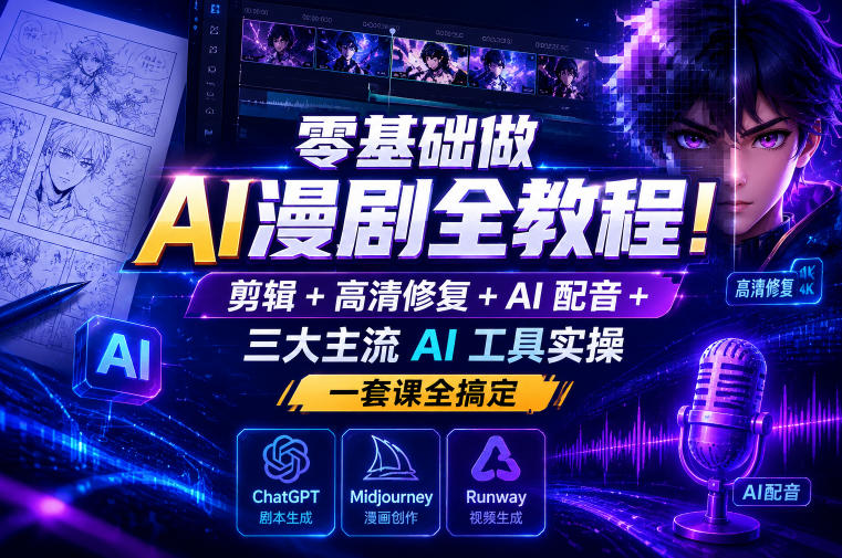 零基础做AI漫剧全教程！剪辑+高清修复+AI配音+三大主流AI工具实操，一套课全搞定-轻创星球网