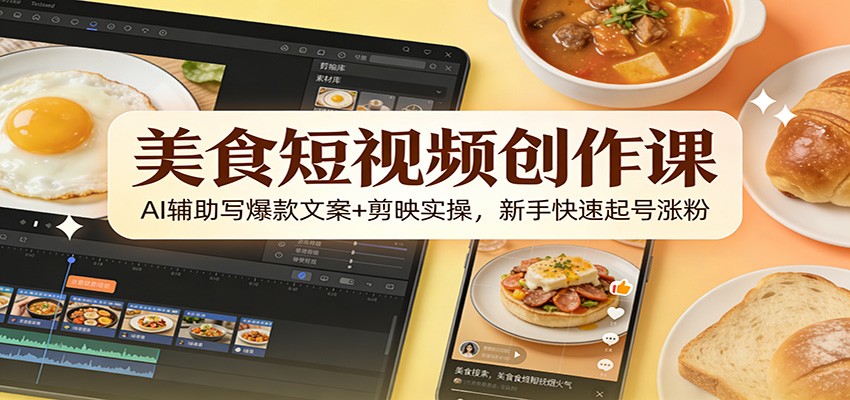 美食短视频创作课：AI辅助写爆款文案+剪映实操，新手快速起号涨粉-轻创星球网