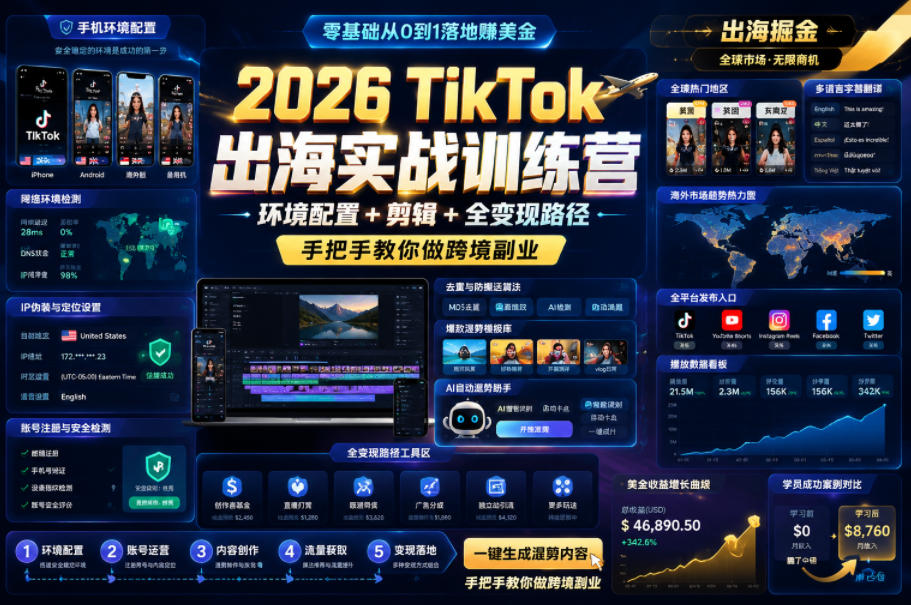 2026 TikTok出海实战训练营，环境配置 + 剪辑 + 全变现路径，手把手教你做跨境副业-轻创星球网