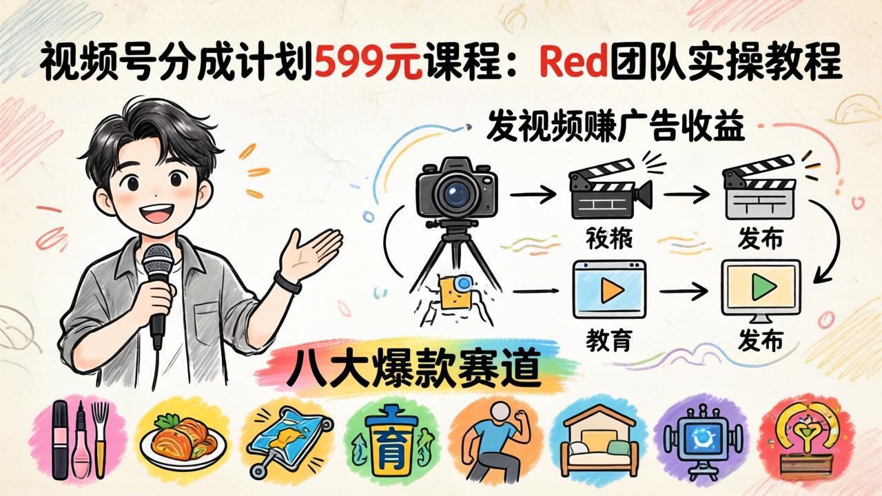 视频号分成计划599元课程：Red团队实操教程，发视频赚广告收益，八大爆款赛道全掌握-轻创星球网