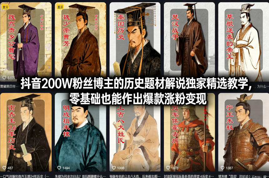 抖音200W粉丝博主的历史题材解说独家精选教学，零基础也能作出爆款涨粉变现-轻创星球网