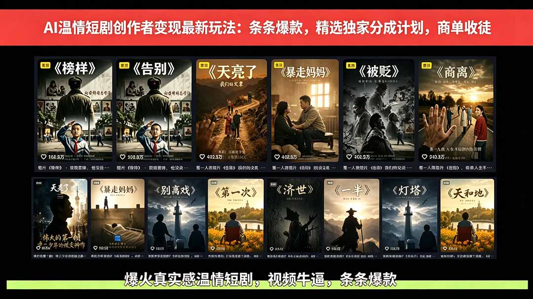 AI温情短剧创作者变现最新玩法：视频牛逼，条条爆款，精选独家分成计划，商单收徒-轻创星球网