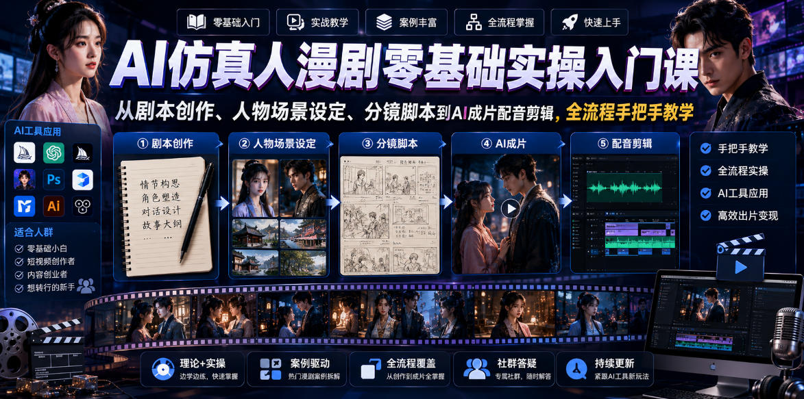 AI仿真人漫剧零基础实操入门课,从剧本创作、人物场景设定、分镜脚本到AI成片配音剪辑,全流程手把手教学