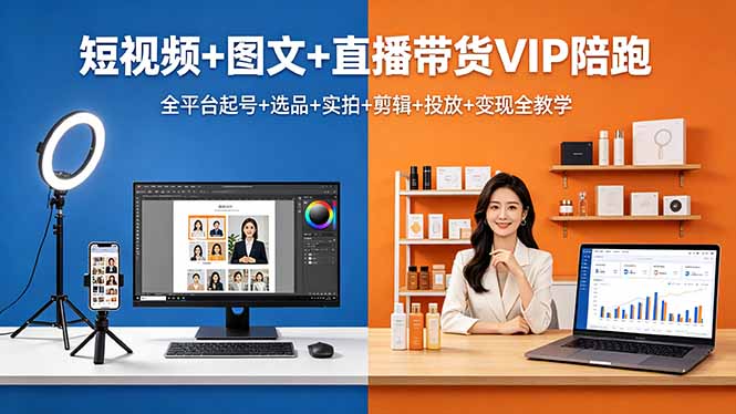 短视频+图文+直播带货VIP陪跑，全平台起号+选品+实拍+剪辑+投放+变现全教学-轻创星球网